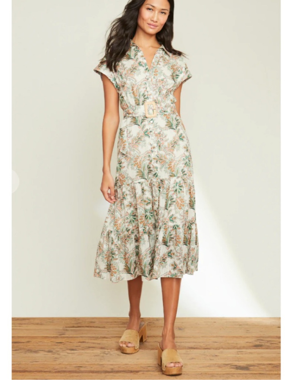 Veronica Beard Beige Paisley Button-Front Maxi Dress with Green & Rust Motif